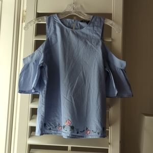 Express size X Small blue off the shoulder top with embroidered floral detail.